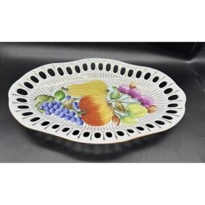 VTG Iris Reticulated Porcelain Raised Fruit Oval Bowl Dish Gold 13" Signed